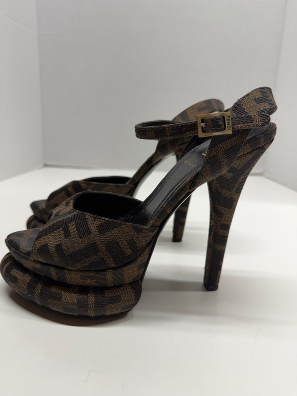 Fendi Zucca Platform High Heels Peep Toe Pointed Ankle Strap Stiletto Tobacco 36 - Picture 6 of 12